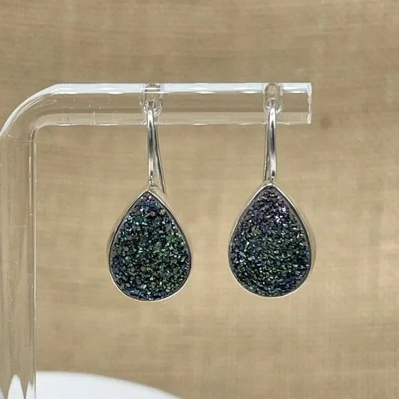 Green Drusy Sterling Silver Earrings Pear Shaped Drop Peacock Himalayan Gems - Picture 2 of 6